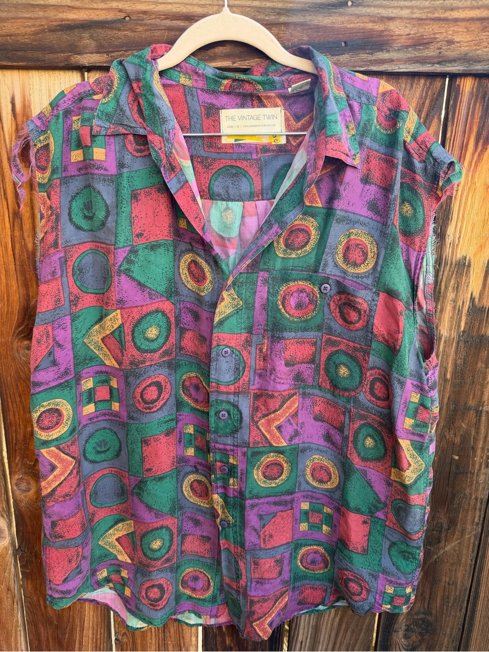Vintage 100% silk upcycled short-sleeve button-up shirt in green and purple.